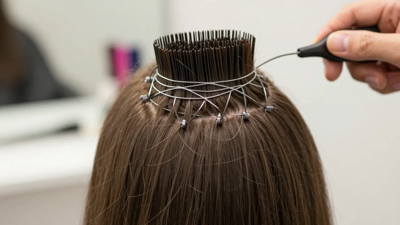 Close-up of a flexible wire clip gripping short hair, highlighting secure tension without visible hardware.