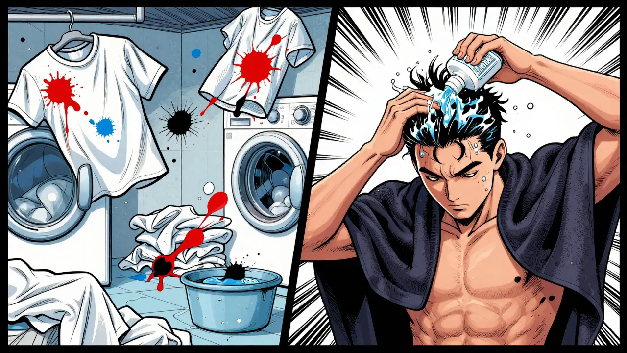 Comic-style split scene: chaotic stained laundry vs. person taking protective steps to prevent dye transfer.