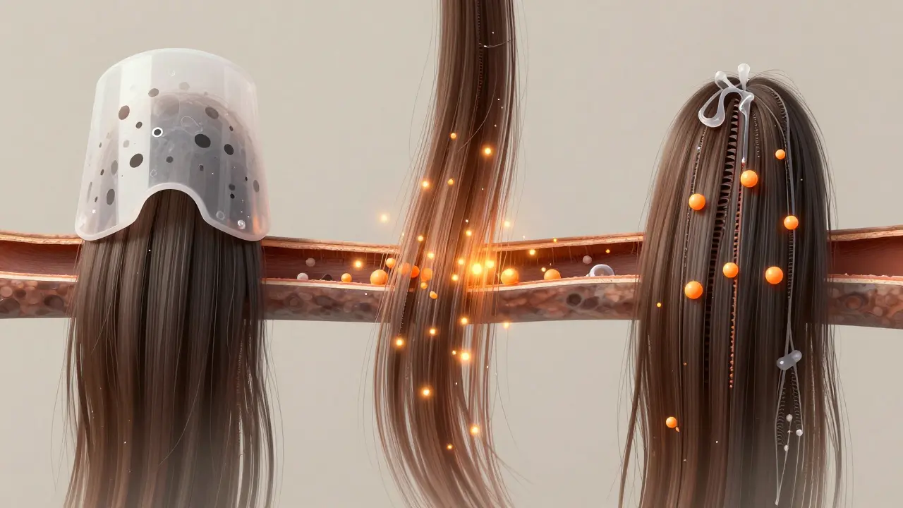 Cross-section of hair strands illustrating bleach lifting pigment and color failing to deposit due to damaged structure and depleted developer.