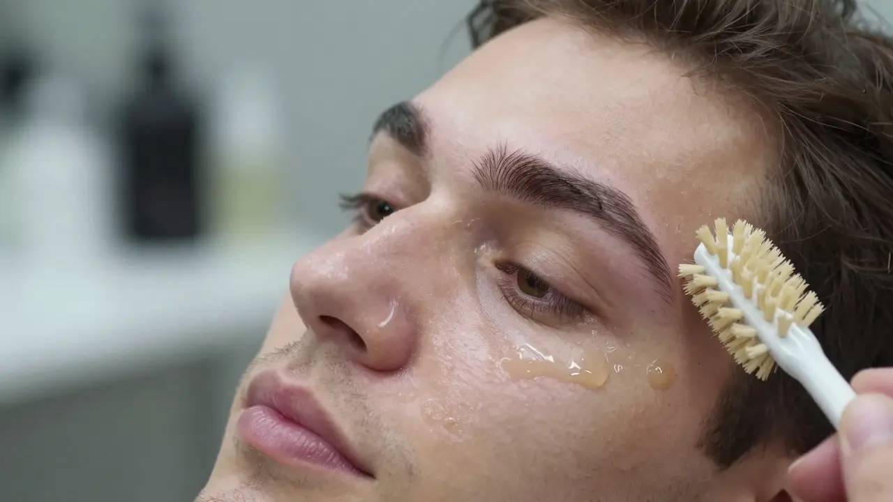 Freshly shaped eyebrows with soothing gel applied, showing early regrowth.