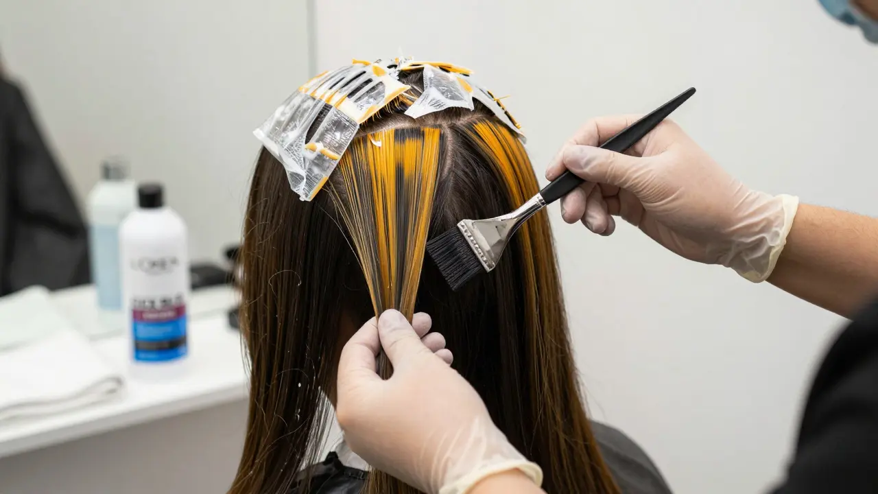 Hair stylist applying bleach in sections to dark hair, lifting it to orange-yellow stage.