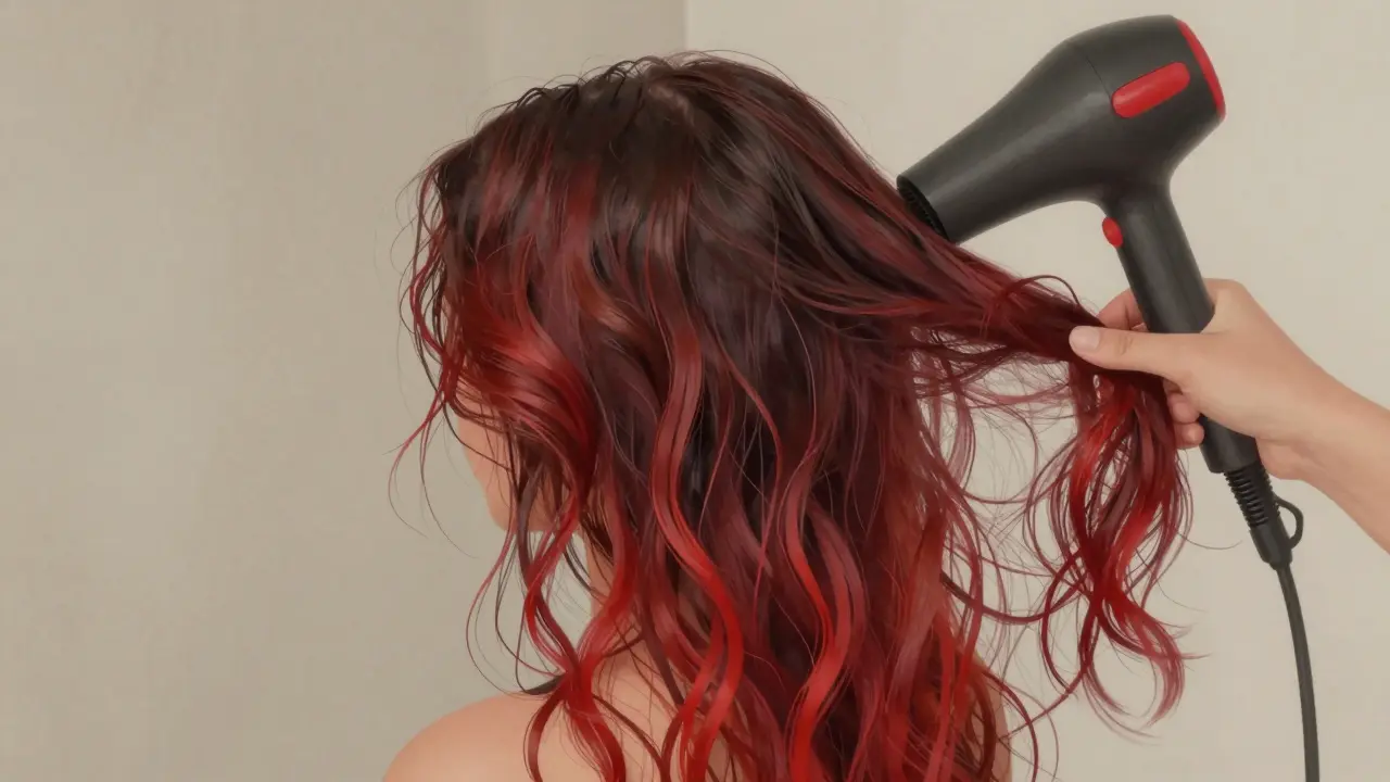 Hands using diffuser to create textured waves in red ombre hair