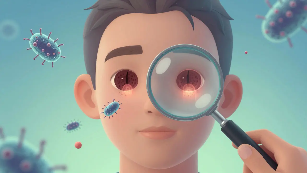 Magnified view of freshly waxed skin with invisible bacteria and makeup particles hovering near open follicles.