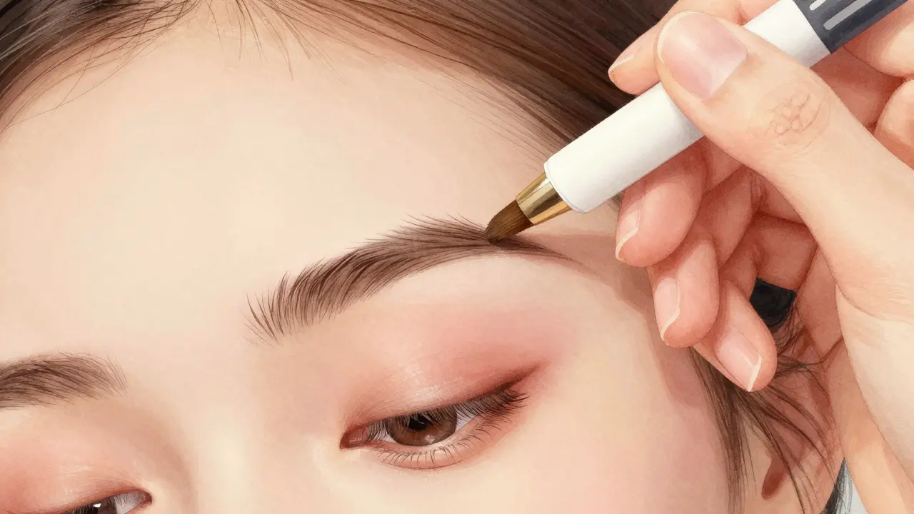 Makeup artist applying wax pen for natural brow strokes.