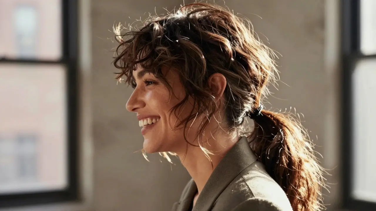 Modern shag cut with subtle undercut, hair pulled into a half-up ponytail.