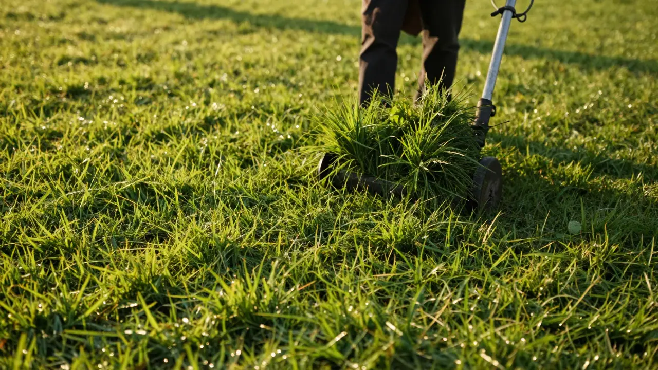 Mowed lawn symbolizing hair trim, with scissors blurred in background.