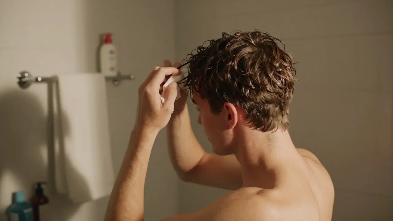 Person with a modern textured male bob air-drying hair in a sunlit bathroom.