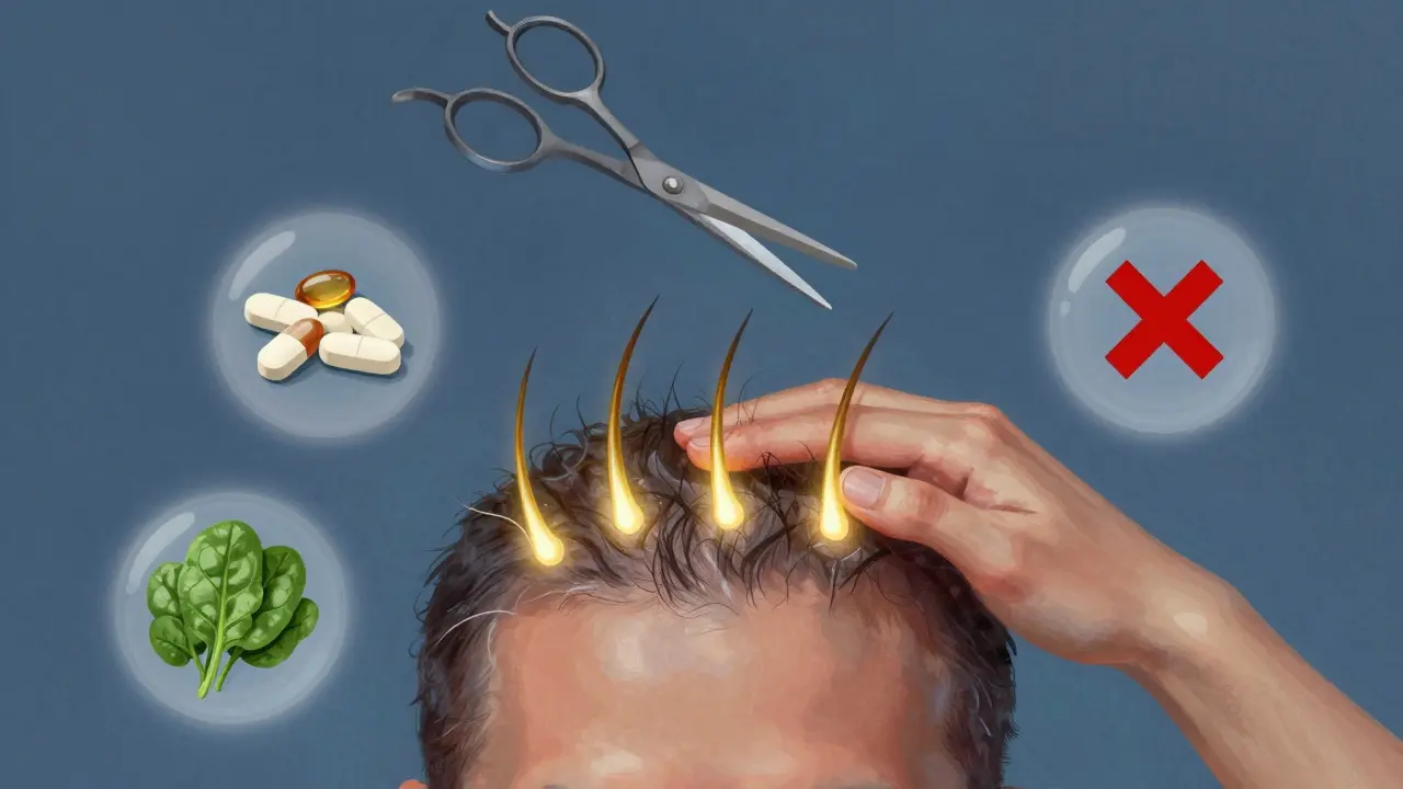 Scalp with glowing follicles, nutrition icons, and scissors floating uselessly above.