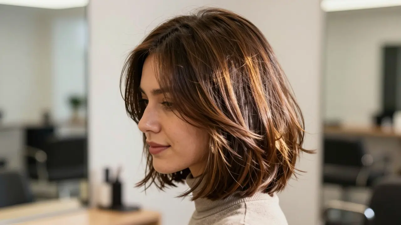 Shoulder-length bob with flipped ends and soft layers, styled air-dried.