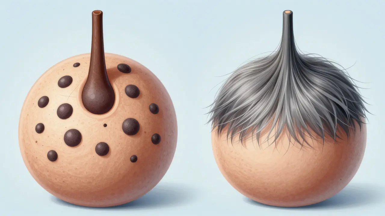 Side-by-side scientific illustration of healthy and aged hair follicles showing melanocyte activity and depletion.