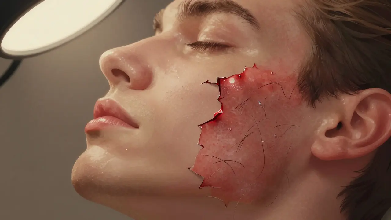 Split-face illustration: one side smooth, the other raw and damaged from waxing.