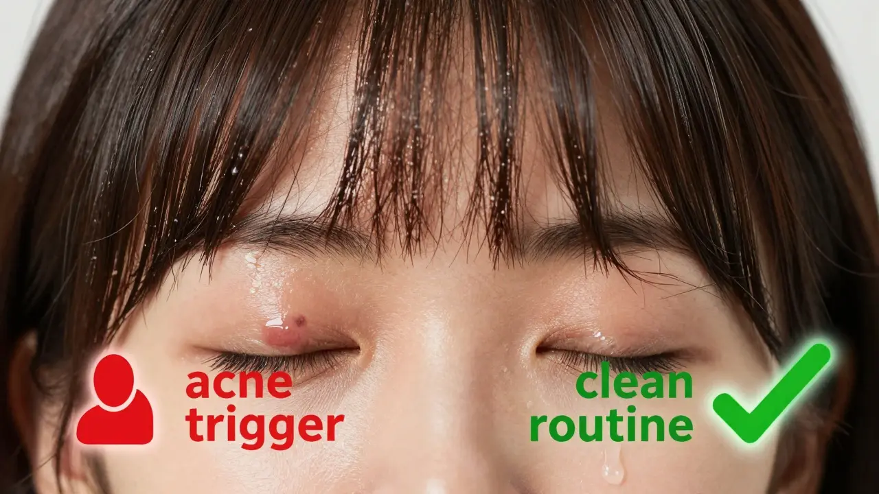 Split image: oily bangs causing clogged pore vs. clean bangs swept away from skin.