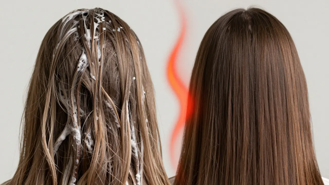 Split image showing uneven hair dye streaks on one side and even application on the other, highlighting proper prep techniques.
