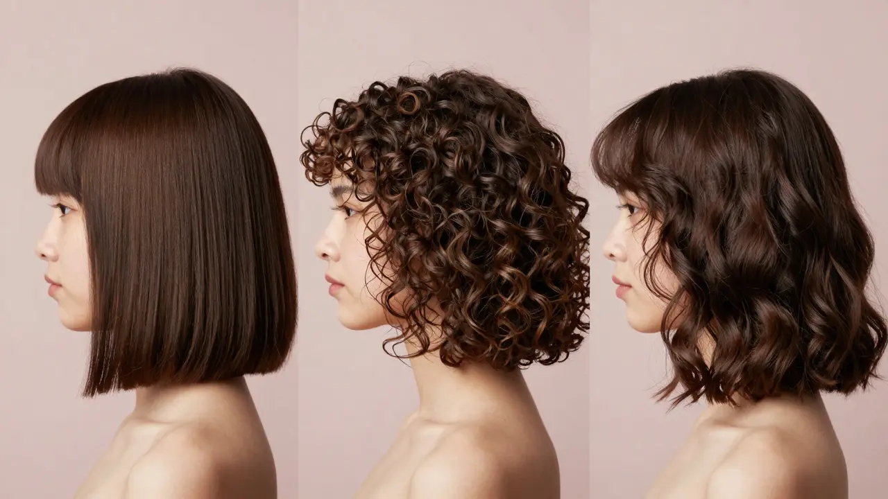 Three hair textures—straight, curly, wavy—each styled in a different bob cut at jaw length.