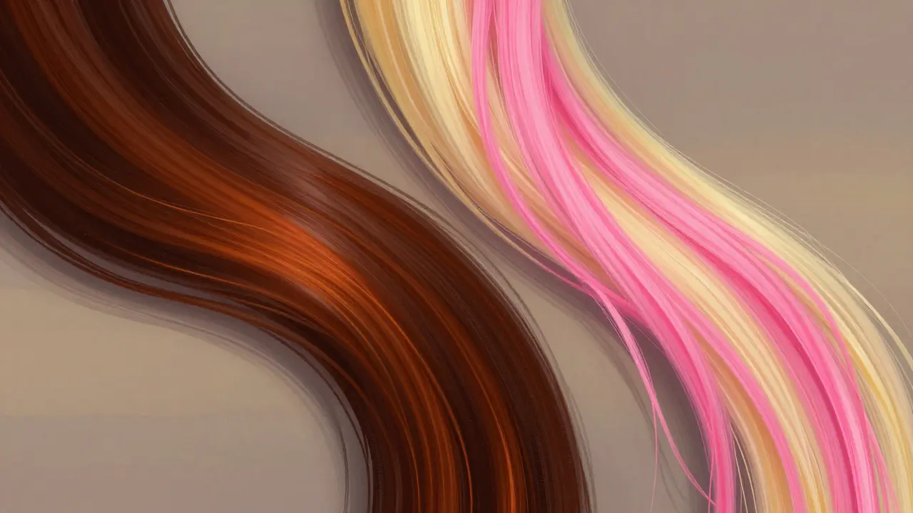 Two hair strands side by side: one dark brown with auburn dye, the other bleached with neon pink dye.