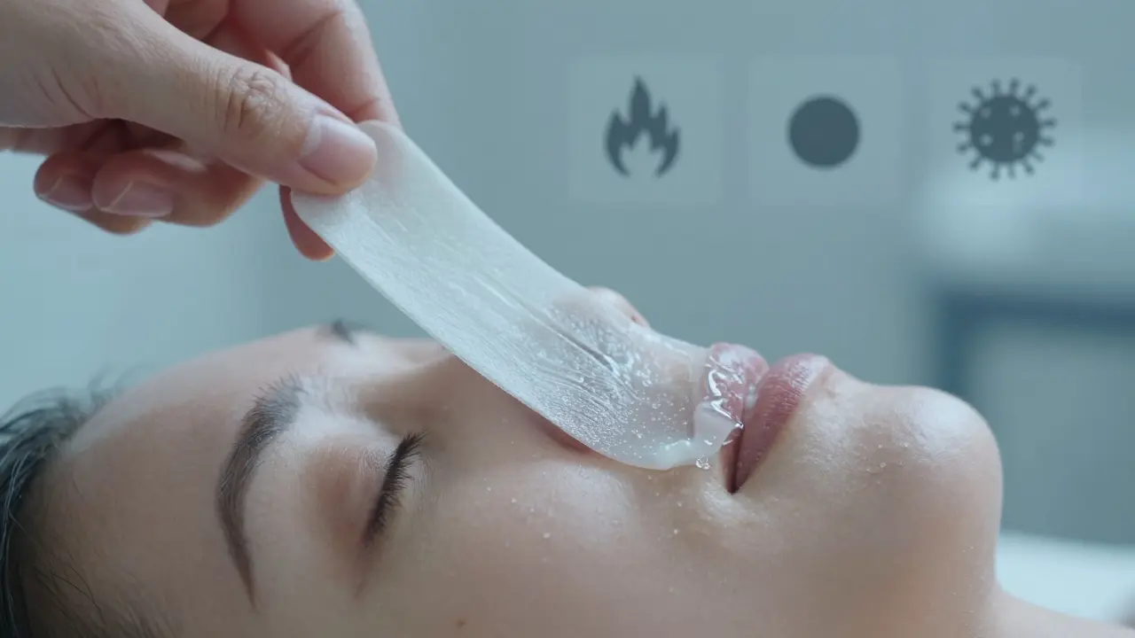 Wax strip pulling hair from face with microscopic skin damage and risk symbols in background.
