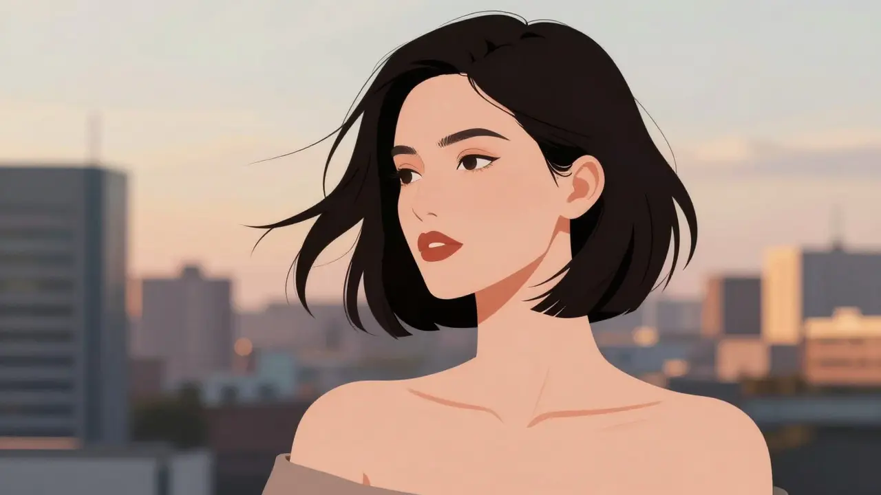 Woman with an asymmetrical bob in golden hour city light, wind lifting her hair.