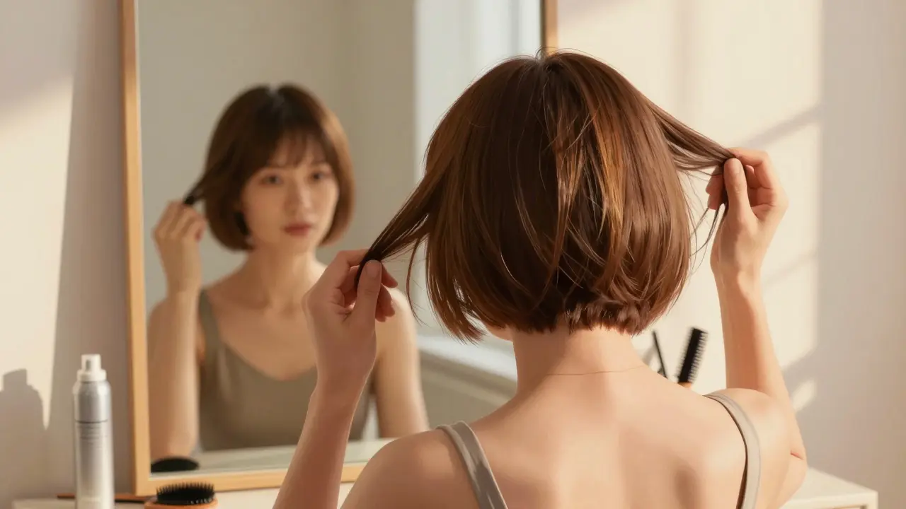 Woman with pixie cut styling spring extensions in a mirror, showing seamless volume and length.