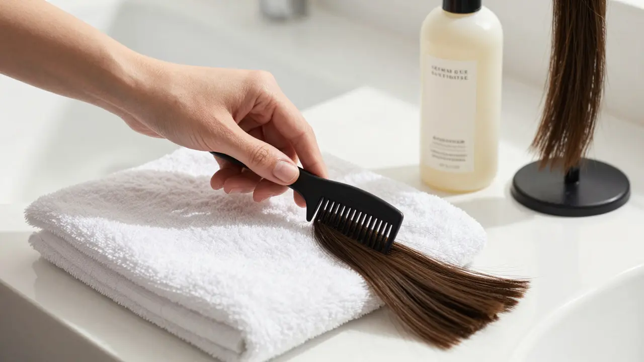 A hand carefully brushing clip-in extensions with a wide-tooth comb on a towel.
