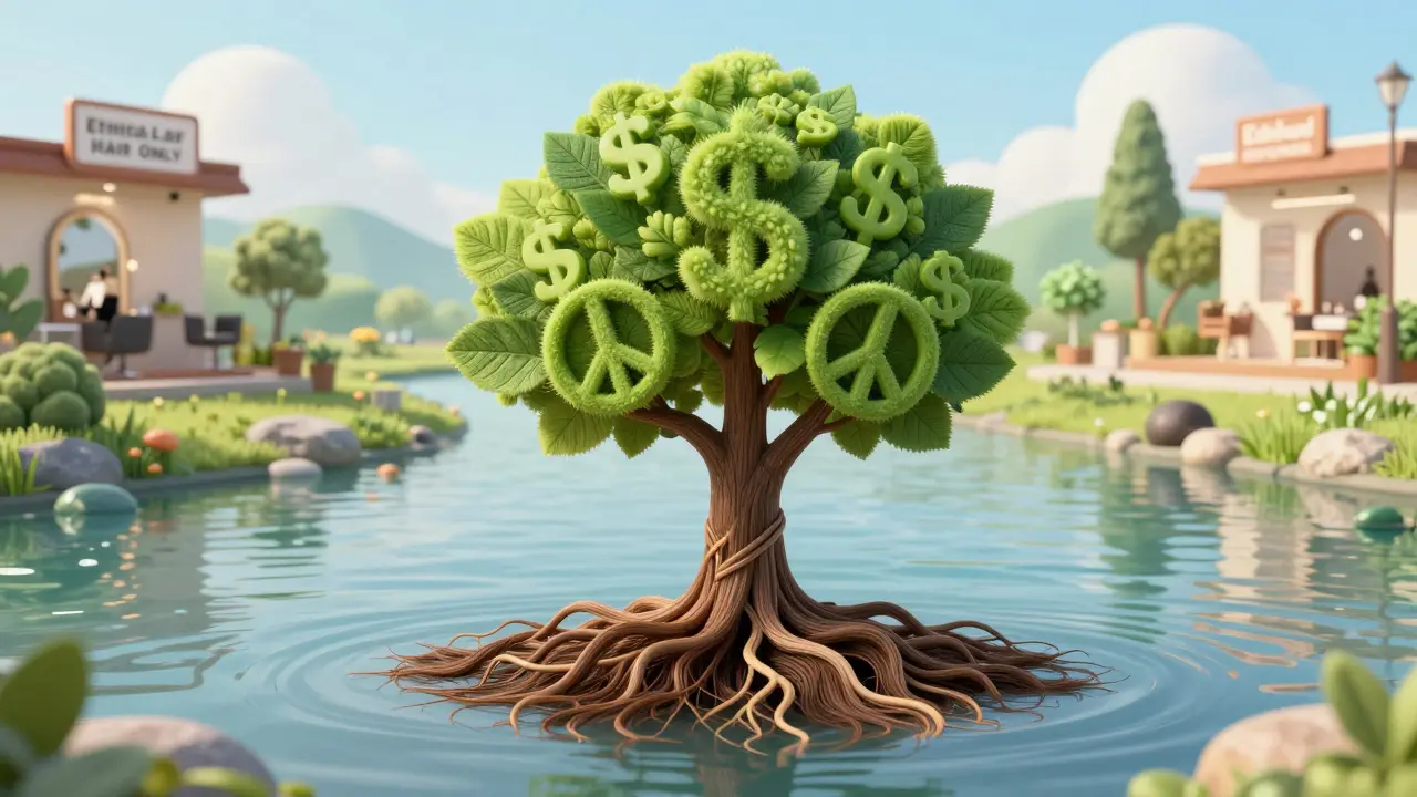 A tree growing from hair extensions, with roots of strands and leaves as symbols of fair pay and environmental healing.