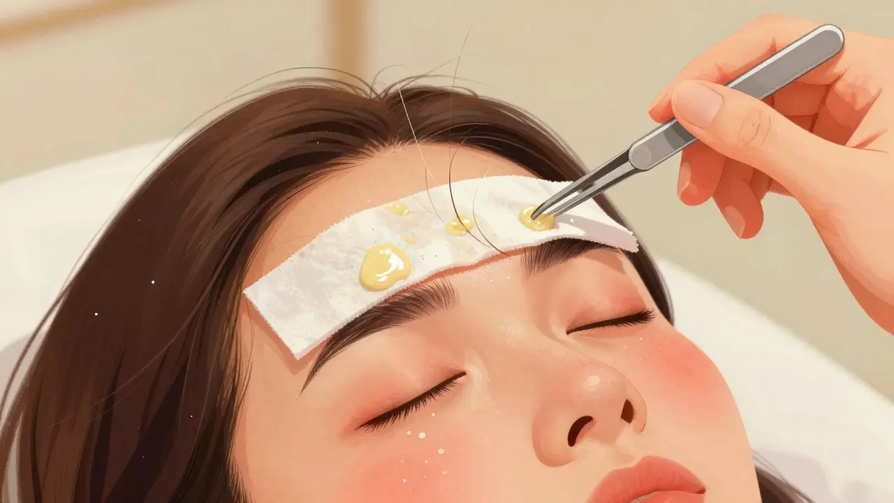 A waxing session where wax strip is being removed from eyebrows, showing hair removal in motion.
