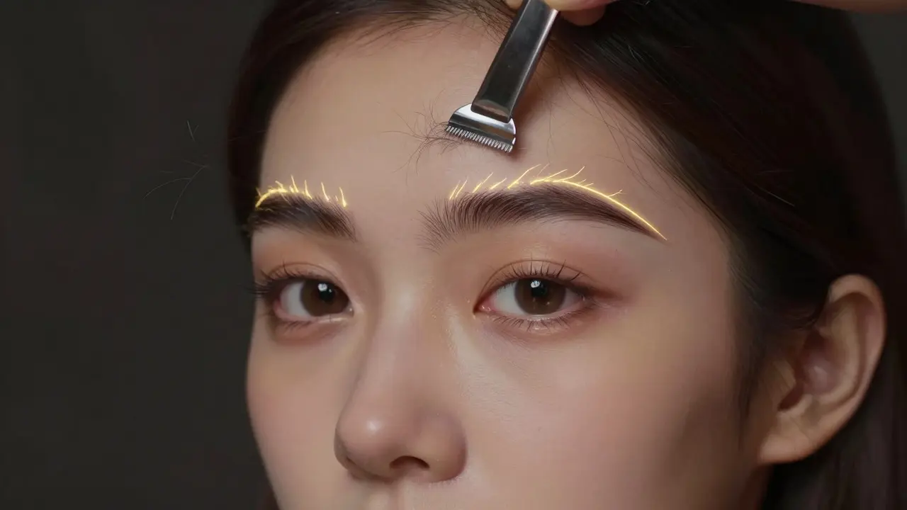 A woman's face with perfectly trimmed brows and floating hairs being cut by invisible blades.