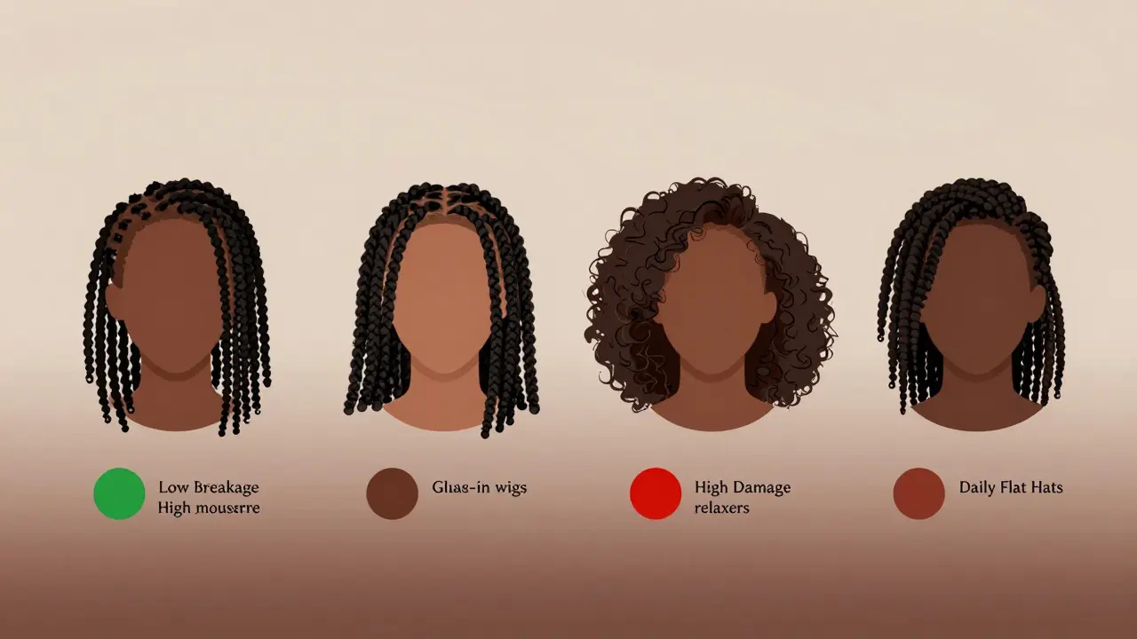 Artistic comparison of four hairstyles for 4C hair, color-coded by health metrics, no text.