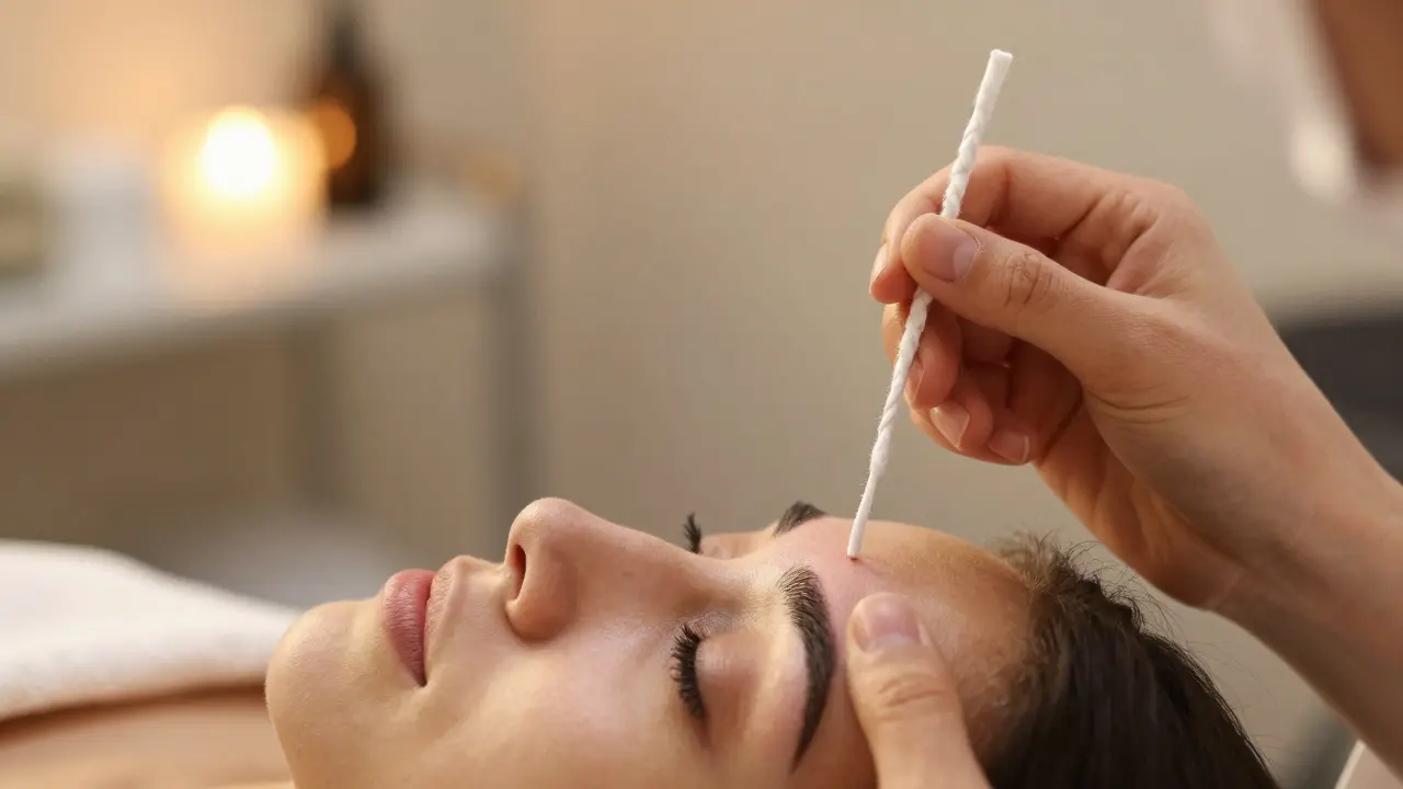 Close-up of hands twisting a thread for eyebrow grooming