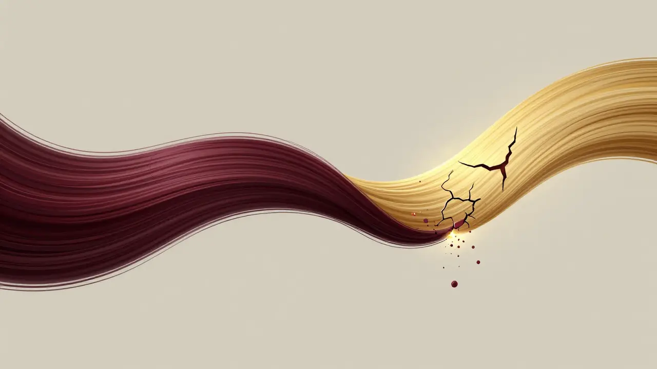 Cross-section of a hair strand comparing healthy pigment retention to damaged, leaking color.