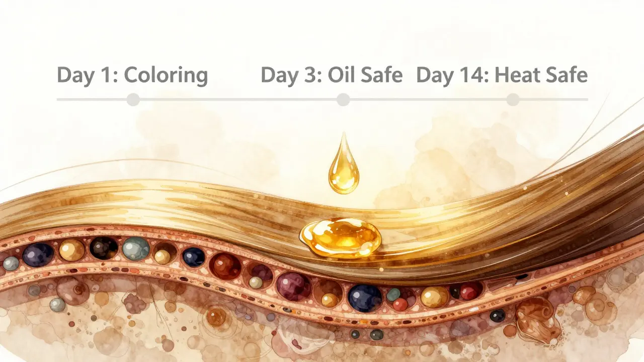 Cross-section of a hair strand showing pigment locked inside and jojoba oil hovering above the cuticle.