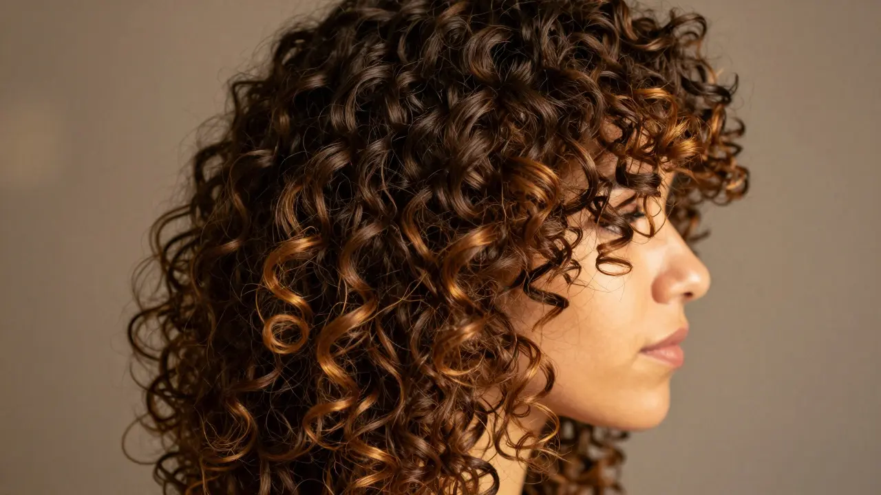 Dark curly brown hair with bronze and honey streaks glowing in natural light.