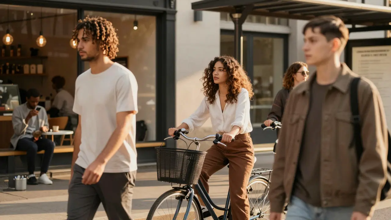 Diverse people in urban settings with side-swept wavy haircuts, golden hour lighting.