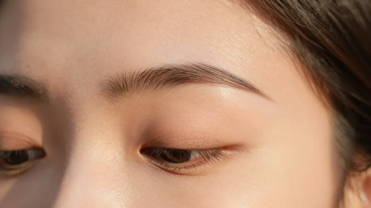 Extreme close up of a well groomed eyebrow and smooth facial skin