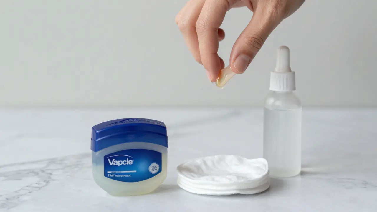 Fingertips applying petroleum jelly to a healing wax burn on the upper lip, with aloe vera nearby.