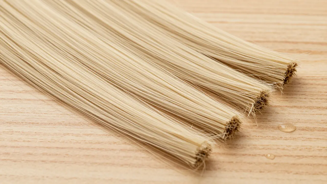 High-quality human hair extensions with intact cuticles, shining naturally on a wooden surface, symbolizing durability and purity.