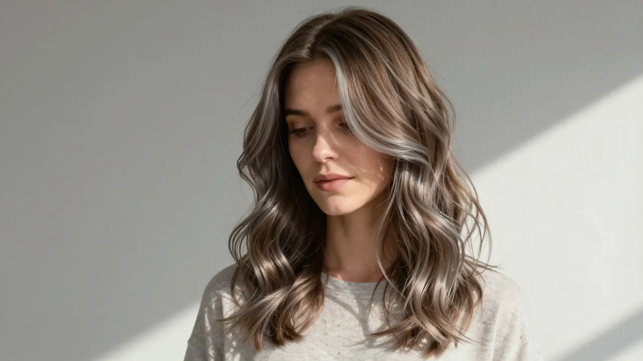 Light brown hair with smoky brunette and gray balayage streaks in soft daylight.