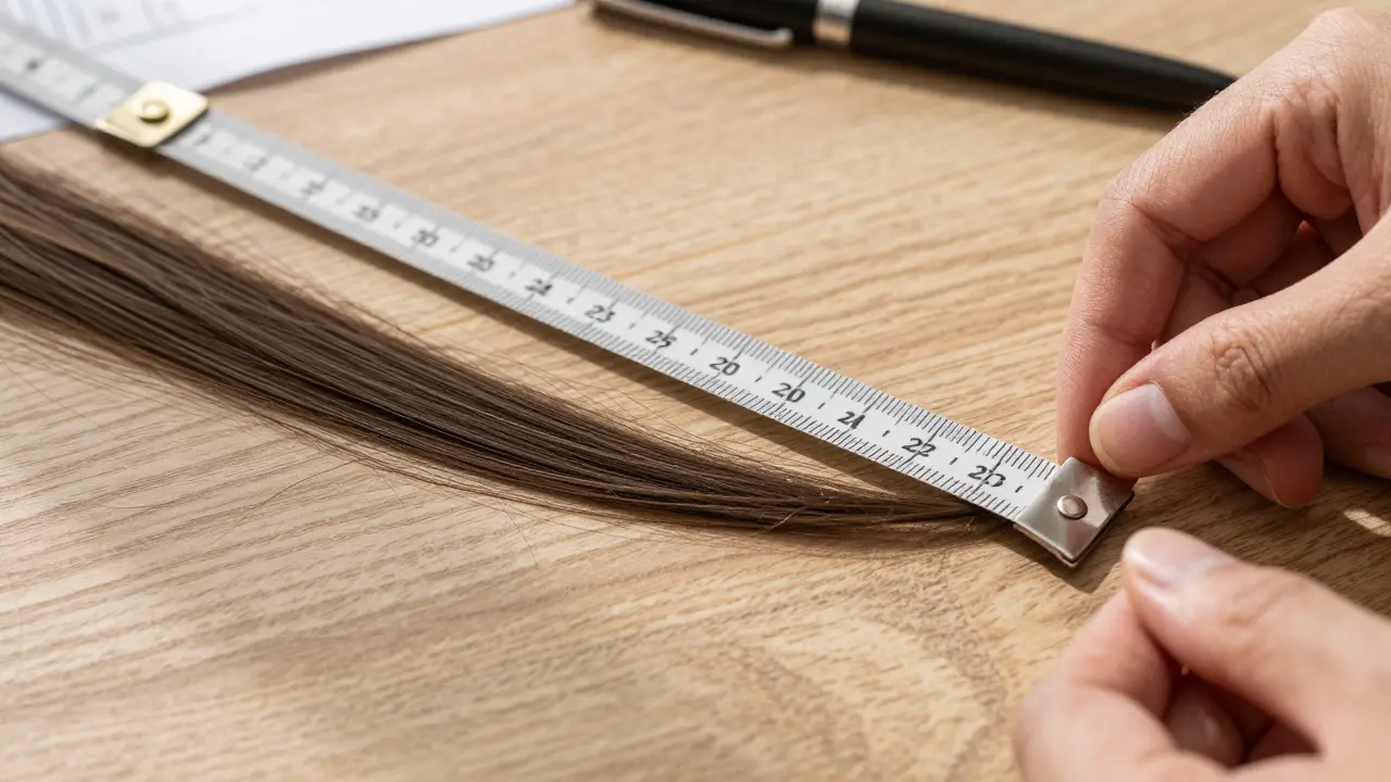 Measuring hair extension length with tape on table