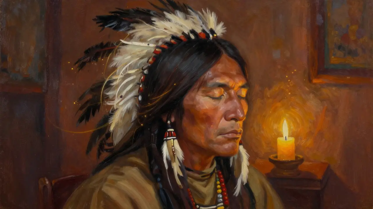 Meditating man with long fringed hair surrounded by spiritual light particles