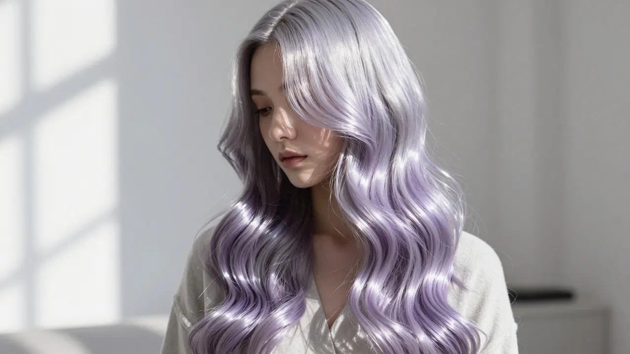 Model with finished icy silver lilac hair glowing in natural sunlight.