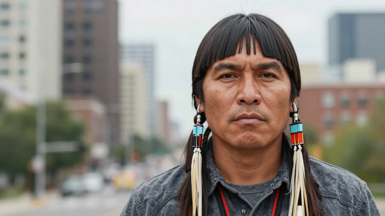 Modern Native American man wearing traditional fringe hairstyle in city