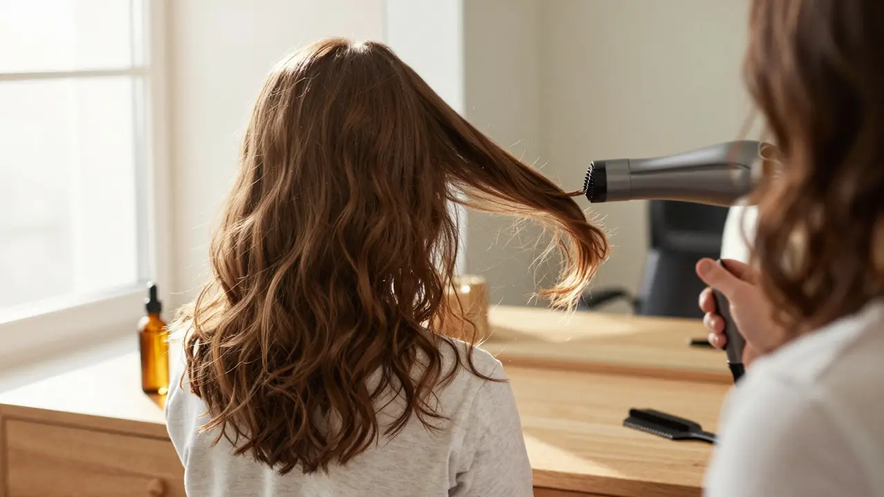 Person air-drying hair with almond oil and wide-tooth comb on vanity, sunlight streaming in.