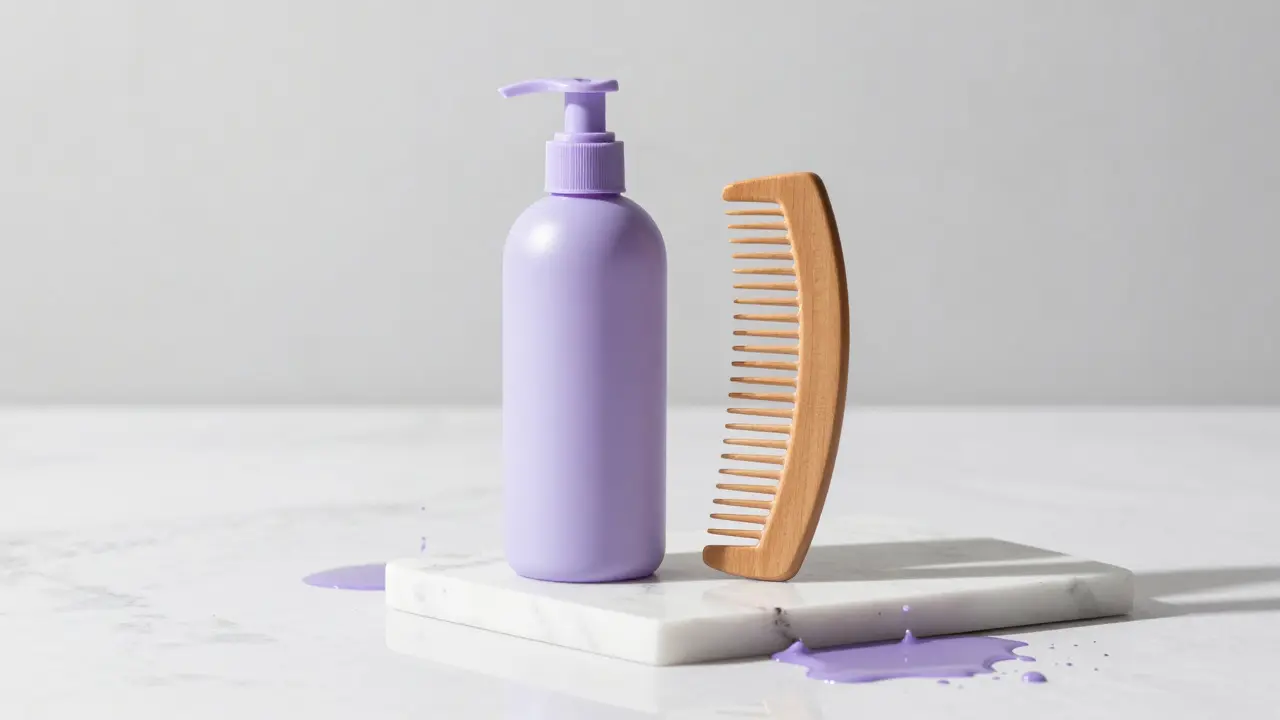 Purple shampoo bottle and hair care tools arranged on a marble surface.