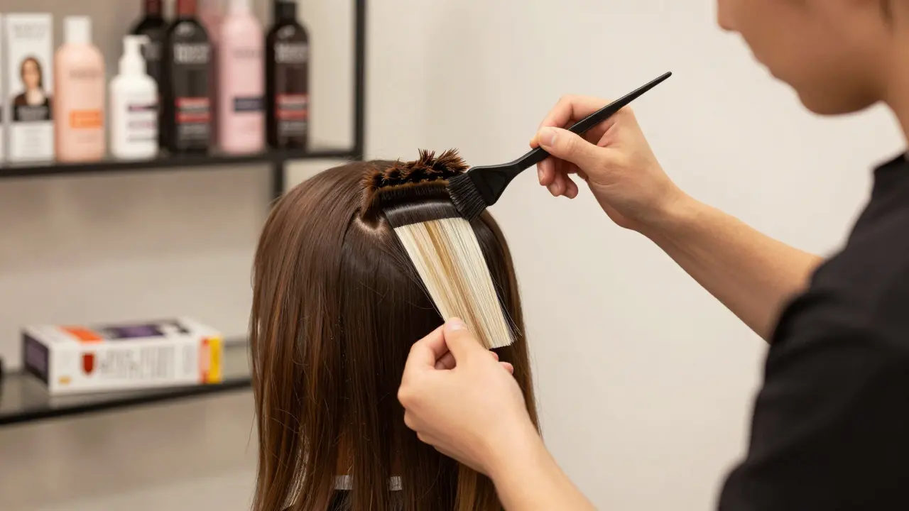 Salon stylist applying color with foils and brush, professional products visible, box dye in trash