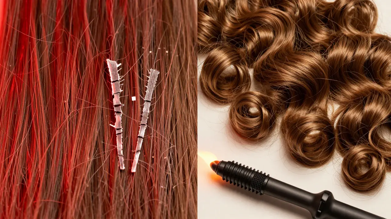 Side-by-side comparison: damaged synthetic extensions versus healthy human hair curls under contrasting lighting.