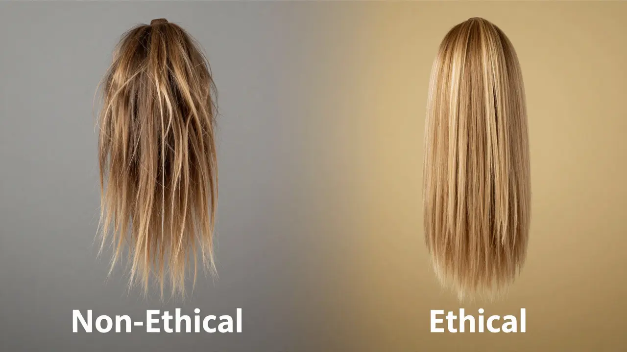 Side-by-side comparison of low-quality vs. high-quality human hair ponytail extensions.