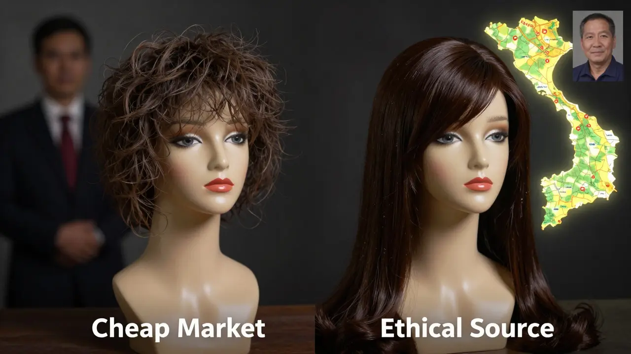 Side-by-side comparison of unethical vs. ethically sourced wigs with symbolic background elements.