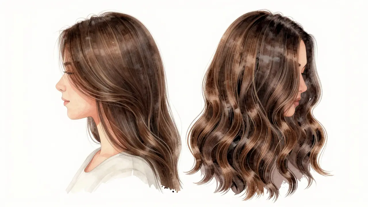 Side profile showing thin hair transforming into full volume with seamless double weft extensions.