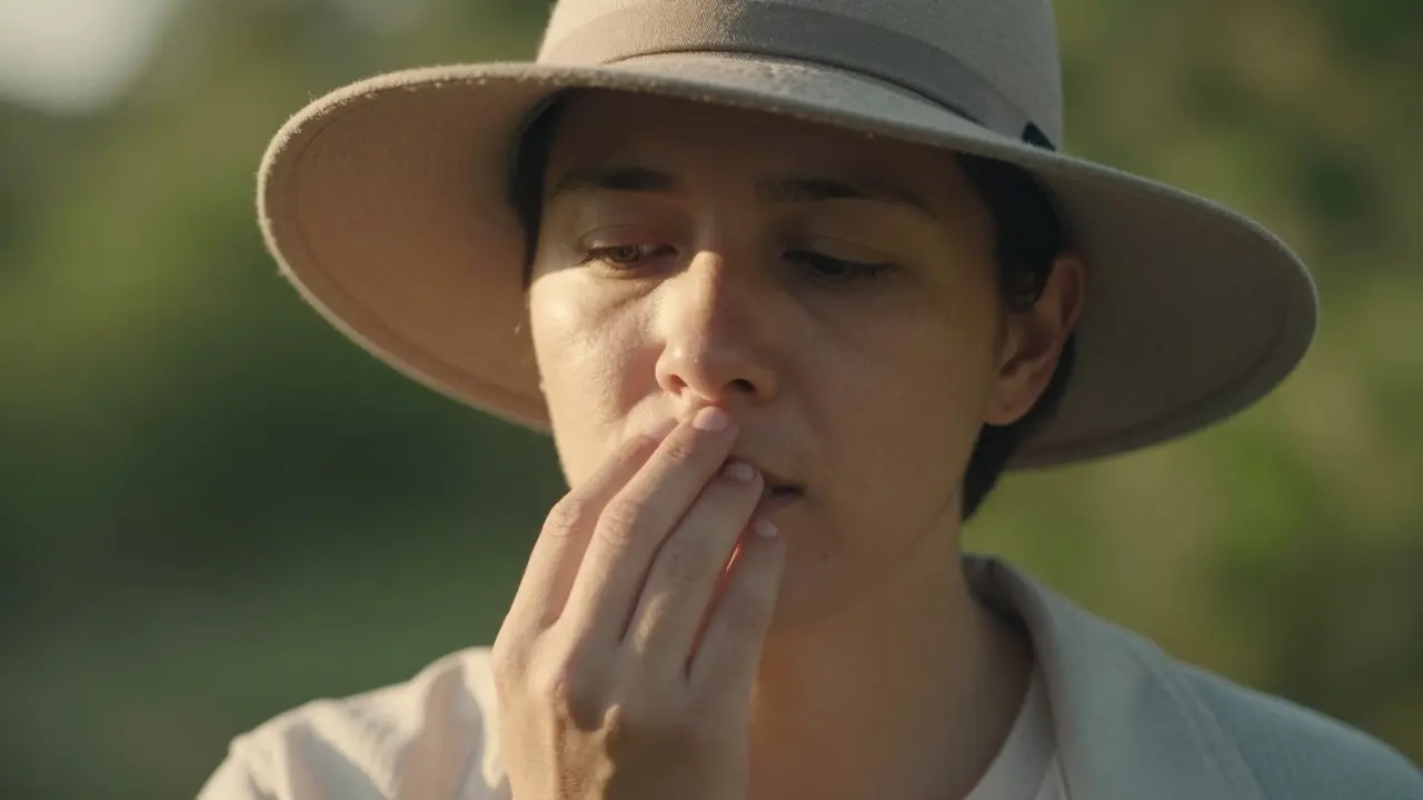 Someone wearing a wide-brimmed hat, protecting their healing upper lip from sun exposure.