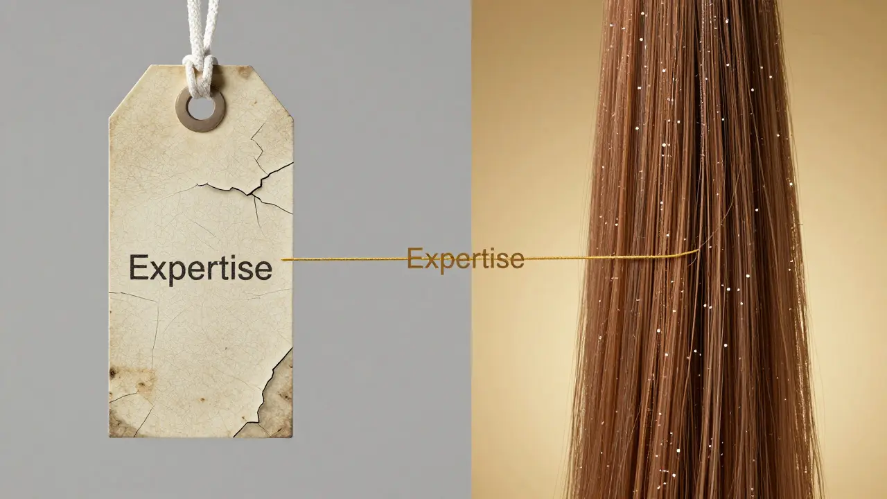 Split image: faded box dye vs vibrant salon color, connected by golden thread labeled 'Expertise'