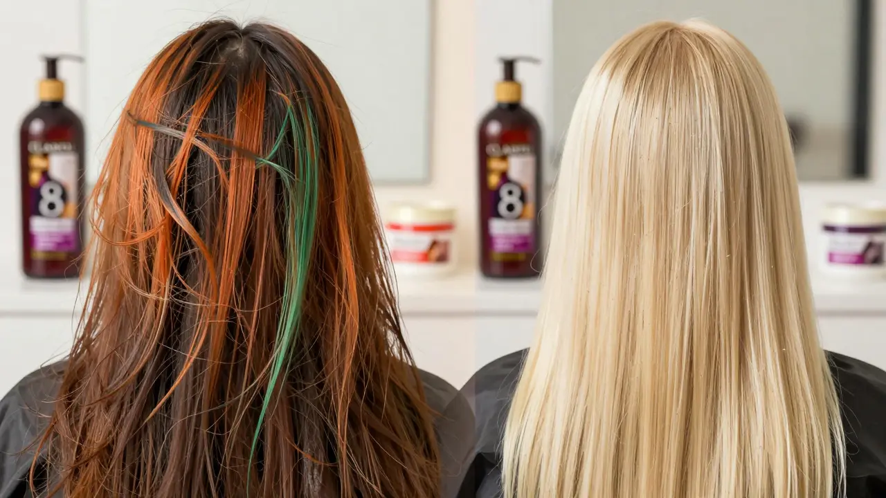 Split image: muddy orange hair vs. healthy blonde hair after proper bleaching and toning